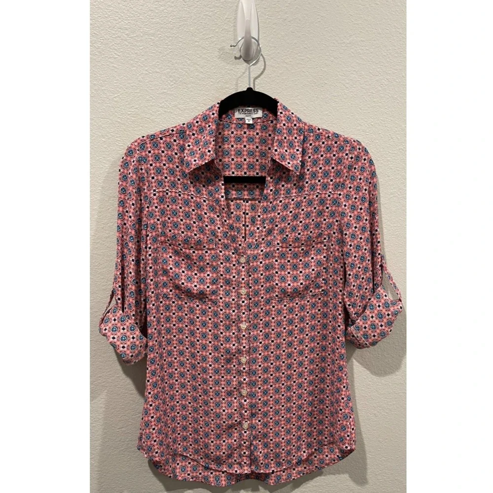 EXPRESS The Portofino Shirt Pink Blue Geometric Multicolor Blouse - Picture 5 of 6